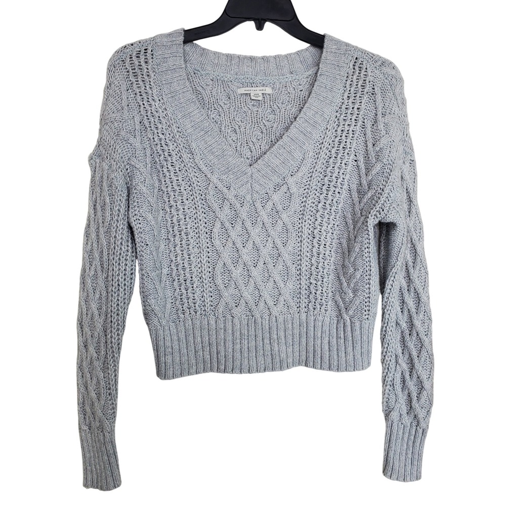 American Eagle Womens Gray Cable Knit‎ V-Neck Cropped Sweater Size Medium